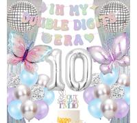 Decorazioni per feste di compleanno per ragazze - 29 pezzi colorati in My Double Digits Era Banner Disco Ball Butterfly Foil Ballons Tenda Topper per Torta per Lei 10 Anni Ragazza Happy Bday Forniture