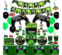 Decorazioni per feste di compleanno per videogiochi per ragazzi, 132 pezzi Decorazioni di compleanno e set di stoviglie, piatti, tazze, tovaglioli, tovaglie, palloncini