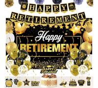 Decorazioni per feste di pensionamento: include sfondo per striscione Happy Retirement, striscione, poster per la pensione, 8 vortici da appendere, 6 pompon di carta, 18 palloncini e un grande topper