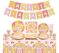 Decorazioni per feste groovy, includono striscione di compleanno hippie, tovaglia, piatti di carta, bicchieri, tovaglioli per una festa di compleanno retrò, due decorazioni per two groovy, per 20