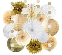 Decorazioni per feste in oro bianco con pompon in tessuto, lanterne di carta da appendere, ventaglio a nido d'ape, Natale, matrimonio, fidanzamento, addio al nubilato, neutro, compleanno, baby bridal