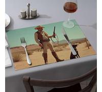 Decorazioni per feste occidentali, un cowboy si trova nel deserto con il suo cane, con un fucile, tovagliette primaverili per feste occidentali (4 pezzi)