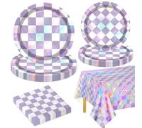 Decorazioni per feste per 20 ospiti, viola iridescente e a scacchi, set da tavola olografico a quadri viola include piatti di carta iridescenti, tovaglioli, tovaglia per feste di compleanno per