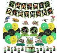 Decorazioni per feste per rettili, tra cui palloncini a tema rettile, striscione di buon compleanno, topper per torte, vortice da appendere e centrotavola a nido d'ape per feste di compleanno safari