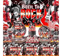 Decorazioni per feste rock and roll, tra cui banner Born to Rock, piatto, tovaglioli, tovaglia, topper per torte, palloncini, tovaglie, per feste a tema musica rock
