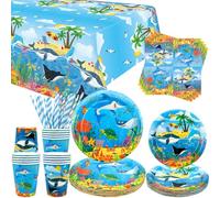 Decorazioni per feste sotto il mare - stoviglie per feste - piatti da cena, piatti da dessert, bicchieri, tovaglioli, cannucce per oceano, spiaggia, sottomarino, forniture per feste, 20 pezzi
