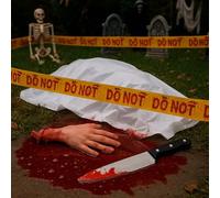 Decorazioni per Halloween all'aperto, 5 pezzi, kit di accessori decorativi per scene spaventose con coltello finto, potere del sangue finto, nastro di attenzione, mano insanguinata finta e tovaglia