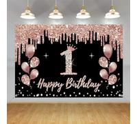 Decorazioni per il 1° compleanno per ragazze, decorazione per feste nero e oro rosa, 1° compleanno cartello in tessuto da appendere, sfondo per primo compleanno, cartello di benvenuto