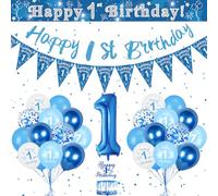 Decorazioni per il 1° compleanno per ragazzi, blu 1 ° palloncini banner di buon compleanno per decorazione per feste, numero 1 palloncino triangolo bandiera coriandoli palloncini per ragazzo forniture
