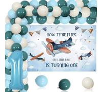 Decorazioni per il 1° compleanno per ragazzi, kit con ghirlanda di palloncini blu retrò, sfondo per primo compleanno, palloncino numero 1 per How Time Flies forniture per feste di compleanno