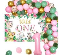 Decorazioni per il 1° compleanno Safari rosa, sfondo di compleanno selvaggio e verde salvia rosa palloncino ghirlanda arco kit, giungla foresta animali palloncini numero 1 palloncino in lamina