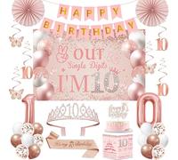 Decorazioni per il 10° compleanno per ragazze, 32 decorazioni per feste di 10° compleanno, tra cui sfondo, corona, fascia, striscione, vortice da appendere, topper per torte, palloncini, biglietto di
