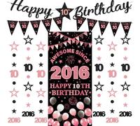 Decorazioni per il 10° compleanno per ragazze - 9 pezzi nero oro rosa Happy Birthday Banner impressionante dal 2016 tenda scintillio stella puntino appeso Streamer Gagliardetto per 10 anni forniture