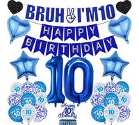 Decorazioni per il 10° compleanno per ragazzi - 28 pezzi blu Bruh I'M 10 Happy Birthday Banner Set Star Heart Number Foil Palloncini Paillettes Palloncino Cake Topper per 10 anni Boy Party Decor