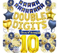 Decorazioni per il 10° compleanno per ragazzi - 77 pezzi blu e oro a doppia cifra tema include striscione, palloncini in lamina numero 10, vortici appesi, fascia di compleanno It's My Birthday per
