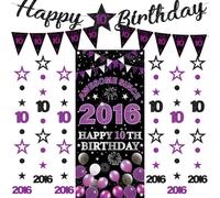 Decorazioni per il 10° compleanno, striscioni per ragazze, 9 pezzi, nero e viola, striscione di buon compleanno, impressionante dal 2016, tenda scintillante a pois da appendere per ragazze di 10 anni