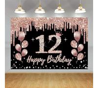 Decorazioni per il 12° compleanno per ragazze, decorazione per feste nero e oro rosa, 12° compleanno cartello in tessuto da appendere, striscione 12° compleanno sfondo banner festa segno di benvenuto