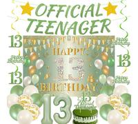 Decorazioni per il 13° compleanno per ragazze, 26 striscioni ufficiali per adolescenti verdi e oro da appendere, topper per torte, palloncini in lattice con numero 13, per feste Happy 13 Bday
