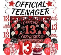 Decorazioni per il 13° compleanno per ragazzi - 26 striscioni ufficiali rossi e neri da appendere per adolescenti, topper per torte, palloncini in lattice con numero 13 per Happy 13 Bhday forniture