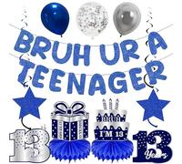 Decorazioni per il 13° compleanno per ragazzi adolescenti - 11 pezzi blu argento Bruh Ur A Teenager Banner da appendere a vortici a nido d'ape centrotavola in lattice palloncini per ragazzi tredici