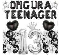 Decorazioni per il 13° compleanno per ragazzi e ragazze, palloncini Omg Ur a Teenager Banner, cuore corona numero 13 palloncino in lamina per adolescenti 13° partito forniture nero argento