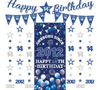 Decorazioni per il 14° compleanno banner ragazzo - 9 pezzi blu argento Happy Birthday Banner impressionante dal 2012 tenda sfondo scintillio stella puntino appeso Streamer Gagliardetto per feste di 14