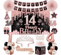 Decorazioni per il 14° compleanno per ragazze, 32 decorazioni per feste di 14° compleanno, tra cui sfondo, corona, fascia, striscione, vortice da appendere, topper per torte, palloncini, biglietto di