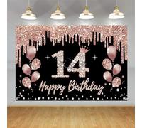Decorazioni per il 14° compleanno per ragazze, decorazione per feste nero e oro rosa, 14° compleanno cartello in tessuto da appendere, 14° compleanno sfondo banner festa segno di benvenuto