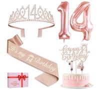 Decorazioni per il 14° compleanno per ragazze, tra cui Sas e Tiara per il 14° compleanno, 14 candele di compleanno e decorazioni per torte, regali per il 14° compleanno per ragazze, oro rosa, festa di