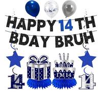 Decorazioni per il 14° compleanno per ragazzi e ragazze, 11 pezzi, blu argento Happy 14th Bady Bruh, striscioni glitterati da appendere a vortici a nido d'ape in lattice per ragazzi e adolescenti 14