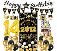 Decorazioni per il 14° compleanno ragazzi ragazze - 27 pezzi nero oro Happy 14th Birthday Banner triangolare da appendere vortici sfondo torta topper 14 palloncini set per 14 anni forniture per