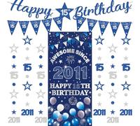 Decorazioni per il 15° compleanno banner ragazzo - 9 pezzi blu argento Happy Birthday Banner impressionante dal 2011 tenda sfondo scintillio stella puntino appeso Streamer Gagliardetto per 15 anni