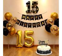 Decorazioni per il 15° compleanno per ragazzi, palloncini neri e oro, decorazione per feste con LED che si illuminano con numeri, 81,3 cm, numero 15, striscione di buon compleanno, decorazione per
