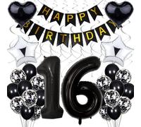Decorazioni per il 16° compleanno di palloncini,Compleanno nero Ragazzo di 16 anni,Decorazione per feste in bianco e nero,Ragazza di 16 anni,Compleanno d'argento Ragazza di 16 anni,16. Decorazione di