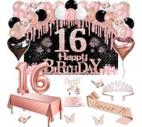 Decorazioni per il 16° compleanno per ragazze, 49 striscioni per 16° compleanno, tovaglia, decorazione a farfalla, fascia e diadema, topper per torte, candele, palloncini ad arco