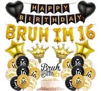 Decorazioni per il 16° compleanno per ragazzi - 34 pezzi nero e oro Happy Birthday Banner Bruh I'M 16 Star Heart Crown Foil Palloncini Cake Topper Paillettes Palloncini per 16 anni Boy Party Decor