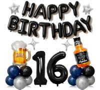 Decorazioni per il 16° compleanno per ragazzi, 41 pezzi con palloncino in lamina numero 16, palloncini neri e blu, kit di birra per whisky, forniture per feste