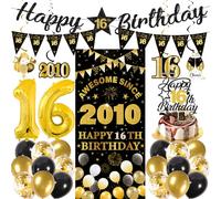 Decorazioni per il 16° compleanno per ragazzi e ragazze, 27 pezzi, nero oro Happy 16th Birthday Banner triangolare da appendere vortici sfondo torta topper 16 palloncini set per 16 anni forniture per