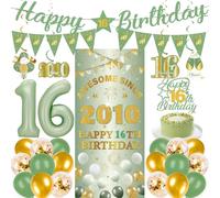Decorazioni per il 16° compleanno per ragazzi e ragazze, 27 pezzi verde oro Happy 16th Birthday Banner triangolare da appendere vortici sfondo torta topper 16 palloncini set per 16 anni forniture per