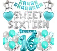 Decorazioni per il 16° compleanno Sweet Sixteen - Banner blu Happy Birthday lettera palloncini in alluminio, fascia per ragazze di 16 anni forniture per decorazioni per feste