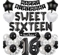 Decorazioni per il 16° compleanno Sweet Sixteen - Nero e Argento Happy Birthday Banner Numero Lettera Palloncini in Lamina, Fascia per 16 anni Ragazzi Decorazione Forniture per Festa