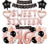 Decorazioni per il 16° compleanno Sweet Sixteen - nero oro rosa striscione Happy Birthday numero lettera palloncini in alluminio, fascia per ragazzi di 16 anni forniture per decorazioni per feste