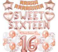 Decorazioni per il 16° compleanno Sweet Sixteen - Palloncini in lamina di alluminio con scritta "Happy Birthday", fascia per ragazze di 16 anni