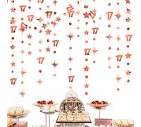 Decorazioni per il 17° compleanno in oro rosa, numero 17, cerchio a pois, ghirlanda di stelle filanti, striscioni, sfondo per ragazze diciassette anni compleanno 17 e favoloso felice 17° anniversario