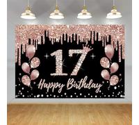 Decorazioni per il 17° compleanno per ragazza, Happy 17 Years Old Sfondo Banner in tessuto oro rosa, poster per 17° compleanno, forniture per feste di compleanno, cartello di benvenuto, 150 cm x 90 cm