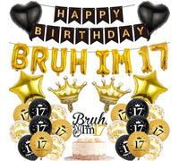 Decorazioni per il 17° compleanno per ragazzi - 34 pezzi nero e oro Happy Birthday Banner Bruh I'M 17 Star Heart Crown Foil Palloncini Cake Topper Paillettes Palloncini per 17 anni Boy Party Decor