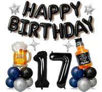 Decorazioni per il 17° compleanno per ragazzi, 41 pezzi con palloncino in lamina numero 17, palloncini neri e blu, kit di birra per whisky, forniture per feste
