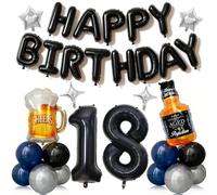 Decorazioni per il 18° compleanno da uomo, 41 pezzi con palloncino in lamina numero 18, palloncini neri e blu, kit di birra per whisky, forniture per feste