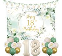 Decorazioni per il 18° compleanno per ragazze verde salvia e bianco, 18° compleanno bandierine triangolari, oro verde 18° compleanno sfondo banner crema 18 palloncini in lamina per lei 18 anni