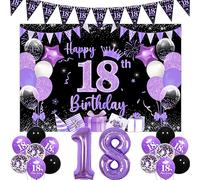 Decorazioni per il 18° compleanno per ragazze viola, Happy 18th Birthday Sfondo Banner e palloncini, bandierine triangolari viola e nero, 18 palloncini in lamina per lui e lei 18 anni BDAY